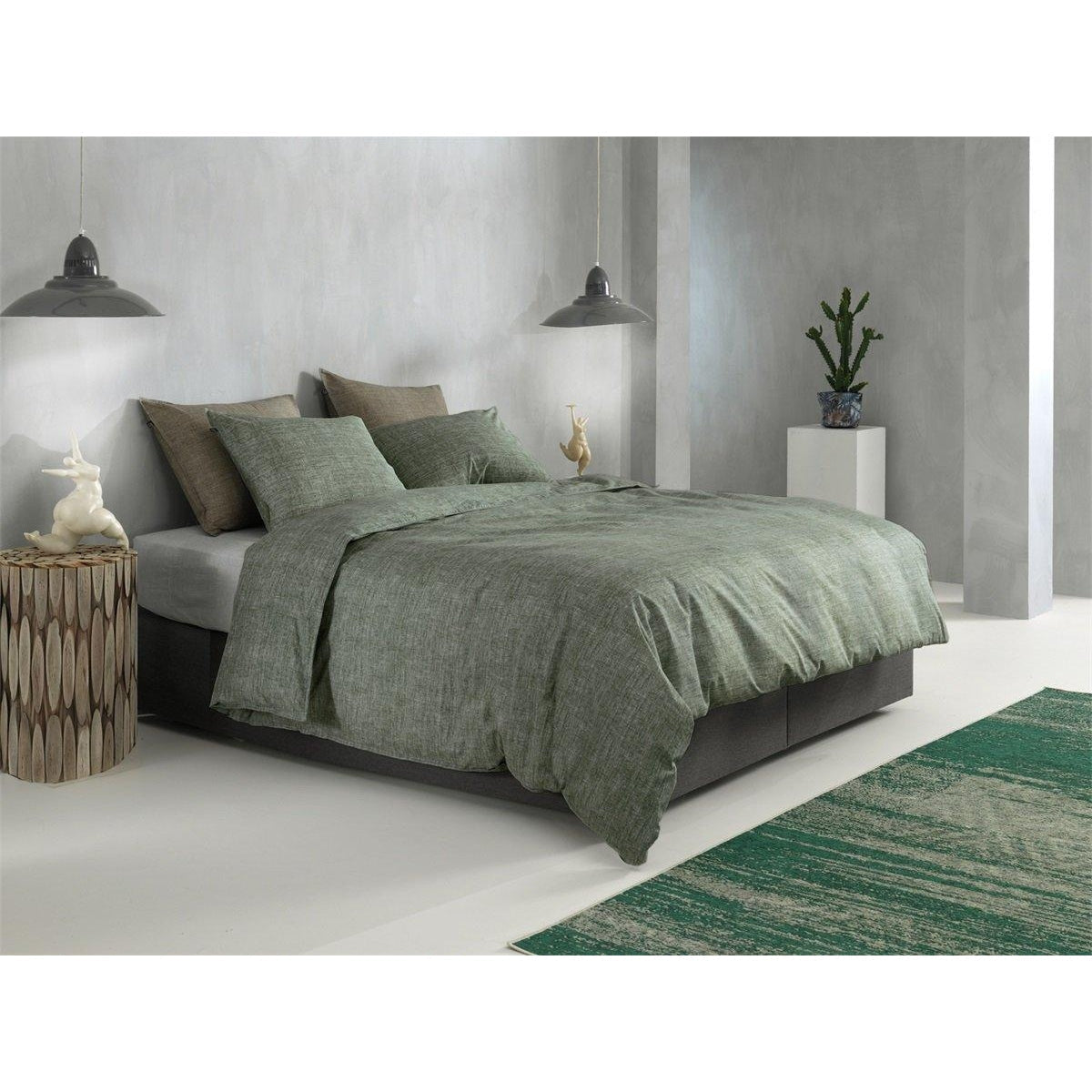 Zo Home Dekbedovertrek Lino Army Green Katoen - Bedtextielonline.be